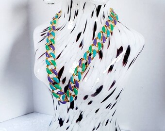 Colorful Enamel and Gold Tone Curb Chain Necklace