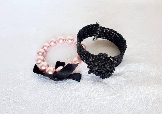 Cute Black and Pink Beaded Adjustable Bracelet Duo - image 1