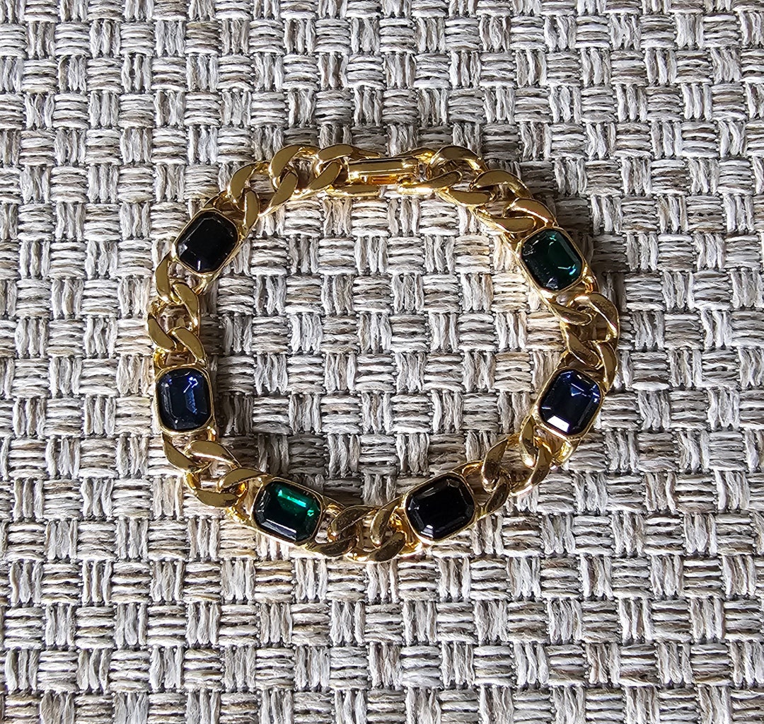 Vintage Gold Tone Bracelet With Blue, Green and Black Rhinestones