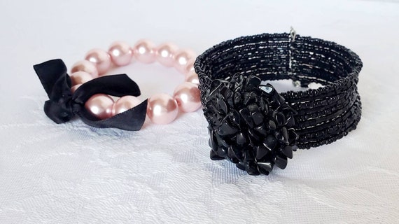 Cute Black and Pink Beaded Adjustable Bracelet Duo - image 3
