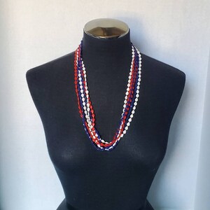 Vintage Red, White and Blue Plastic Beaded Multistrand Necklace Signed Hong Kong