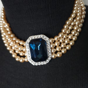 Vintage KJL Art Deco Sapphire Rhinestone Pearl Bridal Choker Necklace 4 Multi Strand Glass Champagne Ivory Blue Princess Diana~KENNETH LANE