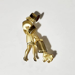 Signed AJC Gold Tone Lady Shopping Spree Brooch Pin