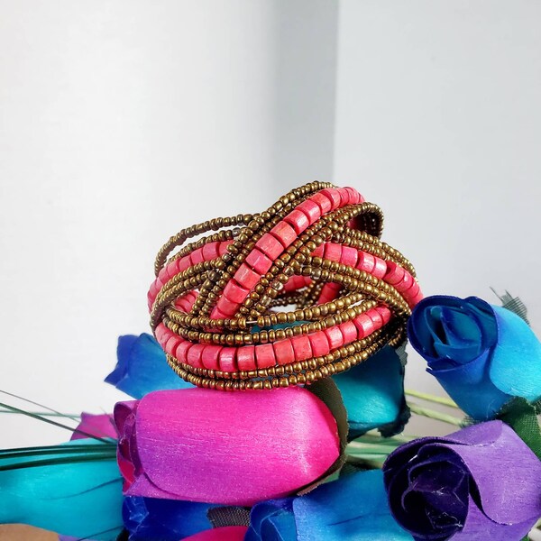 Pink and Gold Tone Beaded Cuff Bracelet