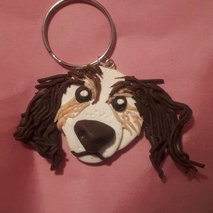 Custom polymer fimo clay pet cat dog portraits. Keyrings, brooches, fridge magnets. Handmade, bespoke gift present for an animal pet lover.
