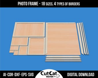 May include: A set of 18 different sized photo frames with four different border styles. The frames are made of wood and have a light brown color.