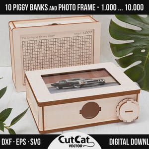 May include: Wooden piggy bank and photo frame set. The piggy bank has a round coin slot and a turning mechanism. The photo frame displays a classic car. The text on the piggy bank reads "I'm saving up for my dream".
