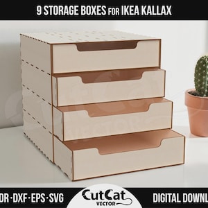 May include: A stack of four wooden storage boxes with pull-out drawers, designed for IKEA Kallax. The boxes are light beige with brown edges and handles. A small cactus in a terracotta pot sits to the right. The text "9 STORAGE BOXES FOR IKEA KALLAX" is at the top.