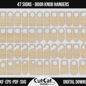 Puede incluir: Una colección de 47 colgadores de pomo de puerta de madera en varias formas. La imagen incluye el texto "47 SIGNS - DOOR KNOB HANGERS" y "DIGITAL DOWNLOAD". Los formatos de archivo son AI, DXF, EPS, PDF y SVG.