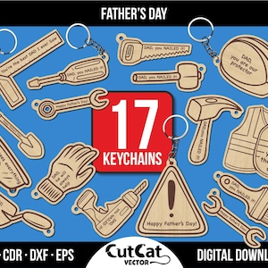 Può includere: Un set di 17 progetti di portachiavi in legno fai-da-te per la Festa del Papà. I progetti presentano vari strumenti, tra cui un martello, una chiave inglese, una pala, un pennello e una sega. Il testo sui portachiavi include frasi come "Papà, hai fatto centro!" e "Papà, sei il più premuroso".