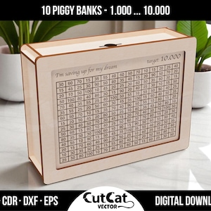10 doelspaarpotten | Spaarpot lasergegraveerd gesneden bestand SVG | Laserplannen | Glowforge xTool-bestanden | Muntenbank | Digitale spaarbestanden