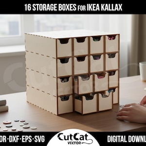 May include: A light-coloured wooden storage unit featuring sixteen individual drawers arranged in a four-by-four grid, designed for organisation. The unit has a boxy frame with cut-out handles on each drawer front, displaying a natural wood grain finish.