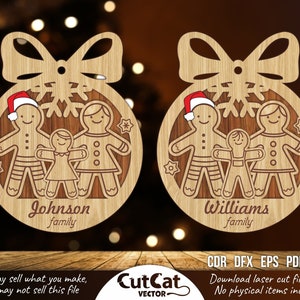 Giocattolo di Natale personalizzato a forma di omino di pan di zenzero con decorazioni per la famiglia, ideale come regalo di Capodanno 2025. File vettoriali in formato SVG tagliati al laser per Glowforge Cricut.
