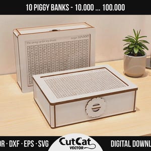 May include: Two white piggy banks with brown trim and a decorative lock. The text "10 PIGGY BANKS - 10.000 ... 100.000" is at the top. The piggy banks have a grid with numbers for saving goals. The text "I'm saving up for my dream" is visible.