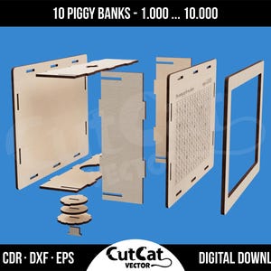 Exploded view of a laser-cut wooden piggy bank kit showing all individual plywood parts—side panels with slots, top and bottom pieces, a front panel engraved with a savings chart, a circular coin lock, and a rectangular frame—arranged in assembly order against a blue background. Header reads “10 PIGGY BANKS – 1.000 … 10.000,” and footer lists file formats “AI · CDR · DXF · EPS,” the CutCat Vector logo, and “DIGITAL DOWNLOAD.”