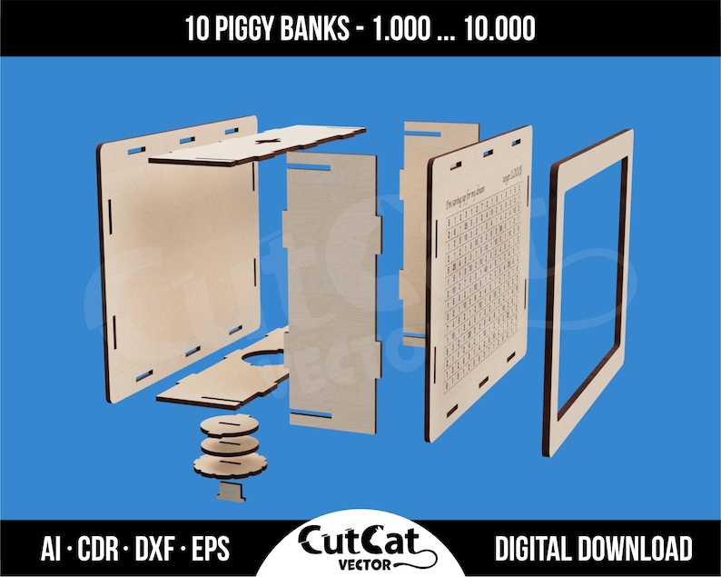 Exploded view of a laser-cut wooden piggy bank kit showing all individual plywood parts—side panels with slots, top and bottom pieces, a front panel engraved with a savings chart, a circular coin lock, and a rectangular frame—arranged in assembly order against a blue background. Header reads “10 PIGGY BANKS – 1.000 … 10.000,” and footer lists file formats “AI · CDR · DXF · EPS,” the CutCat Vector logo, and “DIGITAL DOWNLOAD.”