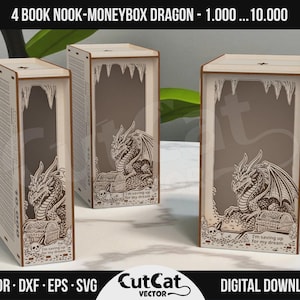 ファンタジーブックヌーク貯金箱 SVG - 4サイズレーザーカットファイル、1000から10000までの10枚の貯金チャート付きドラゴン彫刻ボックステンプレート Glowforge