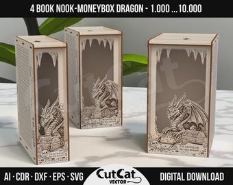 Dragon Book Nook Coin Bank SVG: Laser Cut Fantasy Savings Box (Digital Download)