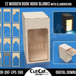 Może przedstawiać: Obraz do pobrania cyfrowego przedstawiający 12 drewnianych półfabrykatów do zakątków książkowych z oświetleniem. Obraz zawiera różne wycięte wzory i model 3D zakątka książkowego ze światłem. Tekst na obrazie zawiera "12 WOODEN BOOK NOOK BLANKS WITH ILLUMINATION" i "DIGITAL DOWNLOAD".