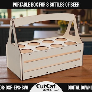 May include: A light-coloured wooden portable box designed to hold eight beer bottles. The box has a handle for easy carrying and circular cutouts to secure the bottles. The text "PORTABLE BOX FOR 8 BOTTLES OF BEER" is at the top.