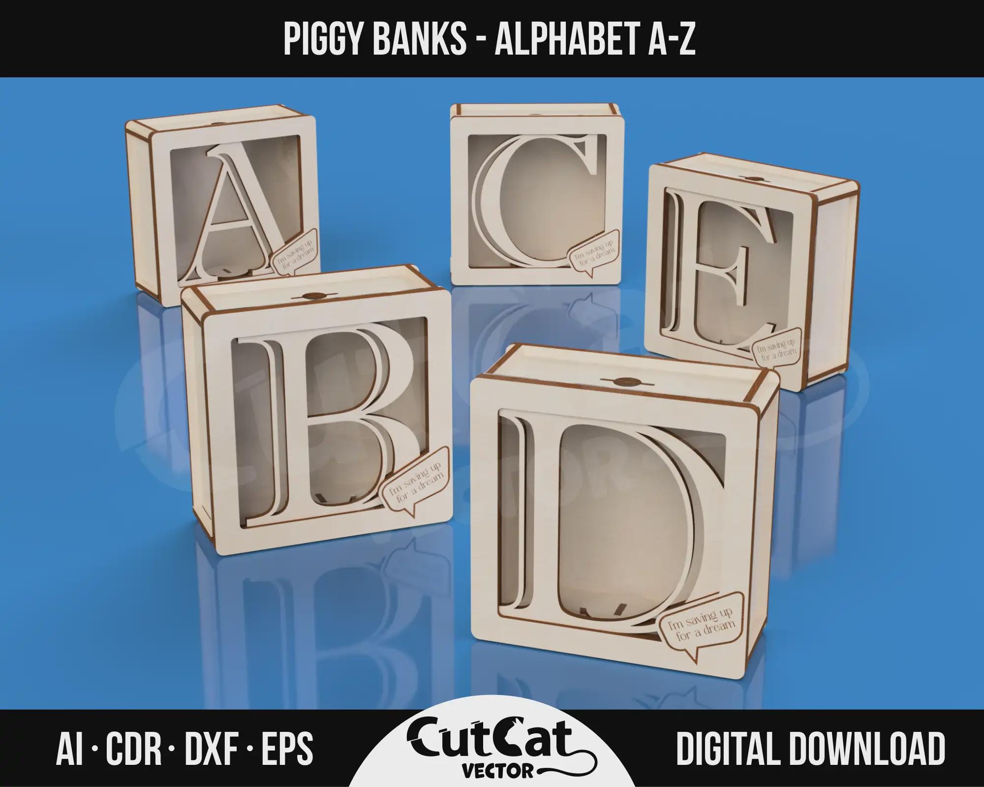 Alphabet Money Box A-Z: Laser Cut Piggy Bank Template (Digital File)
