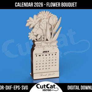 Calendário de mesa de flores 2026, Buquê de flores de madeira para colorir para crianças, Arquivos SVG Glowforge com gravação a laser, Calendário de presentes com design vetorial