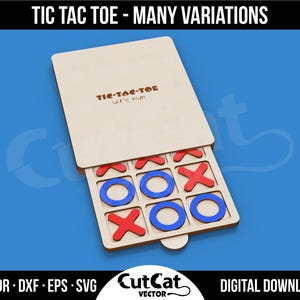 May include: A wooden tic-tac-toe game with red and blue X's and O's. The game is open and ready to play. The text "Tic-Tac-Toe Let's Play" is printed on the lid.