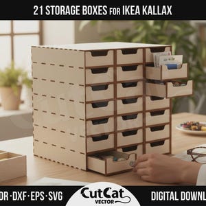 May include: A light-colored wooden storage unit featuring twenty-one individual drawers arranged in a grid. The structure has visible interlocking joints along the side panels. The text 21 STORAGE BOXES FOR IKEA KALLAX is displayed above.