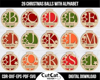 Personalised Christmas Tree Decoration Balls Alphabet bundle, Laser Engraved Bundle Cut File SVG Glowforge