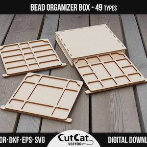 May include: Bead organizer boxes made of light-colored wood. The boxes have various compartment layouts. The image includes the text "BEAD ORGANIZER BOX - 49 TYPES", "AI-CDR-DXF-EPS-SVG", and "DIGITAL DOWNLOAD". The boxes are displayed on a wooden surface.
