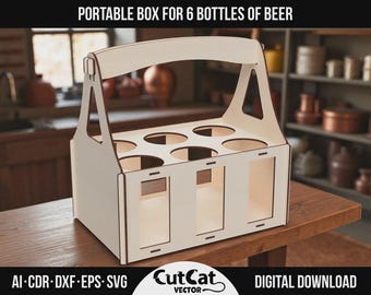 Beer Box Template 6 Bottles Laser Cut SVG Files | Carrier with Handle | Gift Crate