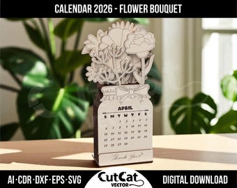 Laser Cut Flower Desk Calendar 2027: Mason Jar SVG Engraved File (Digital Download)