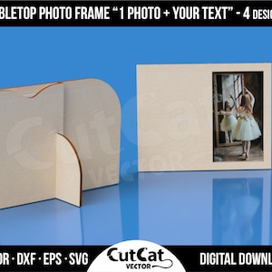 Tafelblad fotolijst lasergesneden bestanden - 4 ontwerpen, 3 maten (3 x 5, 4 x 6, 5 x 7) - enkele fotolijst met aangepast tekstgebied - Glowforge SVG-bestand