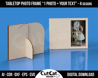 May include: A tabletop photo frame made of wood with a cutout for a photo and space for text. The frame is designed to stand upright on a table or shelf. The frame is shown with a photo of a young girl in a white tutu dancing in a room with a mirror.
