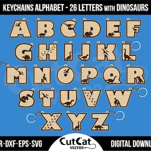 Sleutelhanger alfabet dinosaurussen lasergesneden gegraveerde bestanden SVG • gegraveerde houtletters ABC Glowforge Cricut xTool • Fun Kids speelgoed cadeaubundel dxf