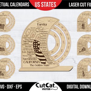 50 USA Staaten ewiger Tischkalender Laser Cut Files mit Städtenamen und Mottos | Hölzerne Stehende Kalender Vorlage | Glowforge xTool SVG