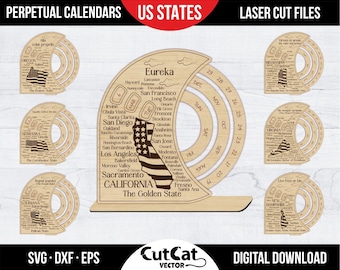 アメリカ合衆国の州をモチーフにした永久カレンダー、レーザーカットSVGファイル、Glowforge xTool彫刻デスクデコレーションDIYバンドルギフト