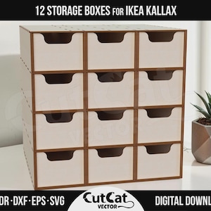 Pode incluir: Uma unidade de armazenamento de madeira clara com doze gavetas individuais com puxadores recortados, dispostas numa grelha de quatro por três. O texto 12 STORAGE BOXES FOR IKEA KALLAX e DIGITAL DOWNLOAD AI CDR DXF EPS SVG CutCat VECTOR é visível.
