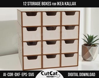 12 Storage Boxes for IKEA Kallax DIY Laser Cut SVG Files Glowforge xTool Engraved Gift Modular Organizer Cabinet