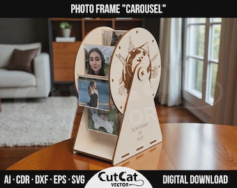 May include: A wooden photo frame in the shape of a carousel, with slots for displaying photos. The frame has a decorative design with the text "Together Forever and Always". The frame is on a wooden table.