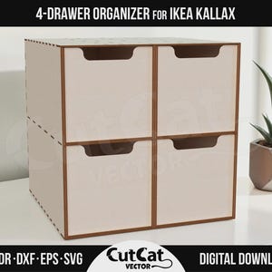 May include: A light-colored wooden 4-drawer organizer designed for IKEA Kallax shelving units. The square unit features four individual drawers with cutout handles at the top. The text 4-DRAWER ORGANIZER FOR IKEA KALLAX is visible at the top.