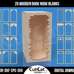 May include: A collection of 25 wooden book nook blanks with various window and door frame designs. The image also features a 3D book nook model with a brick wall design. The text on the image reads "25 WOODEN BOOK NOOK BLANKS" and "DIGITAL DOWNLOAD".