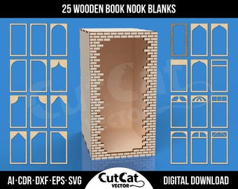 Könnte beinhalten: Das Bild zeigt 25 Holzrohlinge für Buchecken mit verschiedenen Fenster- und Türrahmendesigns. Ein 3D-Bucheckenmodell mit Ziegelmauerwerk ist ebenfalls abgebildet. Der Text lautet "25 WOODEN BOOK NOOK BLANKS" und "DIGITAL DOWNLOAD".