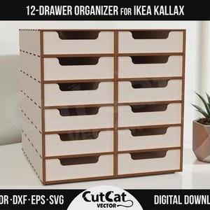 May include: A 12-drawer organizer for IKEA Kallax units, featuring a light wood finish with dark brown edges. The unit has two columns of six drawers, each with a cutout handle. The text 12-DRAWER ORGANIZER FOR IKEA KALLAX is visible above.