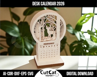 2026年卓上カレンダー レーザーカット彫刻SVGファイル Glowforge DIYギフト
