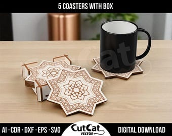 Islamic Coasters Gift Set Engraved Ramadan Decor DIY Glowforge Stars Arabic Pattern Wooden Holder Laser Cut Files Home Kitchen Accessories