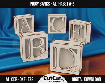 Alphabet Money Box A–Z Laser Cut SVG Files Glowforge xTool DIY Engraved Wooden Coin Bank Custom Letter Savings Box Kids Gift Idea ABC