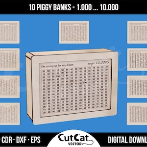 Promotional graphic of ten laser-cut wooden piggy banks, each featuring an engraved numbered savings chart for goals ranging from $1,000 to $10,000. A large box labeled “I’m saving up for my dream — target: 10,000$” is centered, with smaller previews of the other nine designs arranged around it on a blue background. Top banner reads “10 PIGGY BANKS – 1.000 … 10.000,” and a bottom strip shows file formats “AI · CDR · DXF · EPS,” the CutCat Vector logo, and the words “DIGITAL DOWNLOAD.”