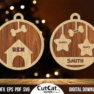 Christmas tree toy for a family with dogs, Multilayer laser cut engraved Glowforge files christmas svg, Gift family ornament with stars