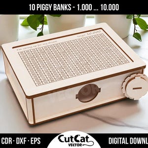 Horizontal wooden coin bank with savings goal grid engraved on the lid and side locking mechanism, suitable for laser engraving machines.